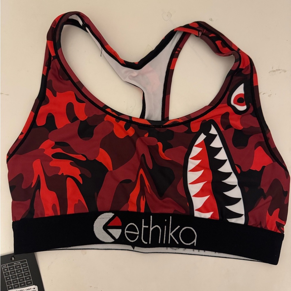 Ethika Red and Black Sports Bra with Shark Graphic